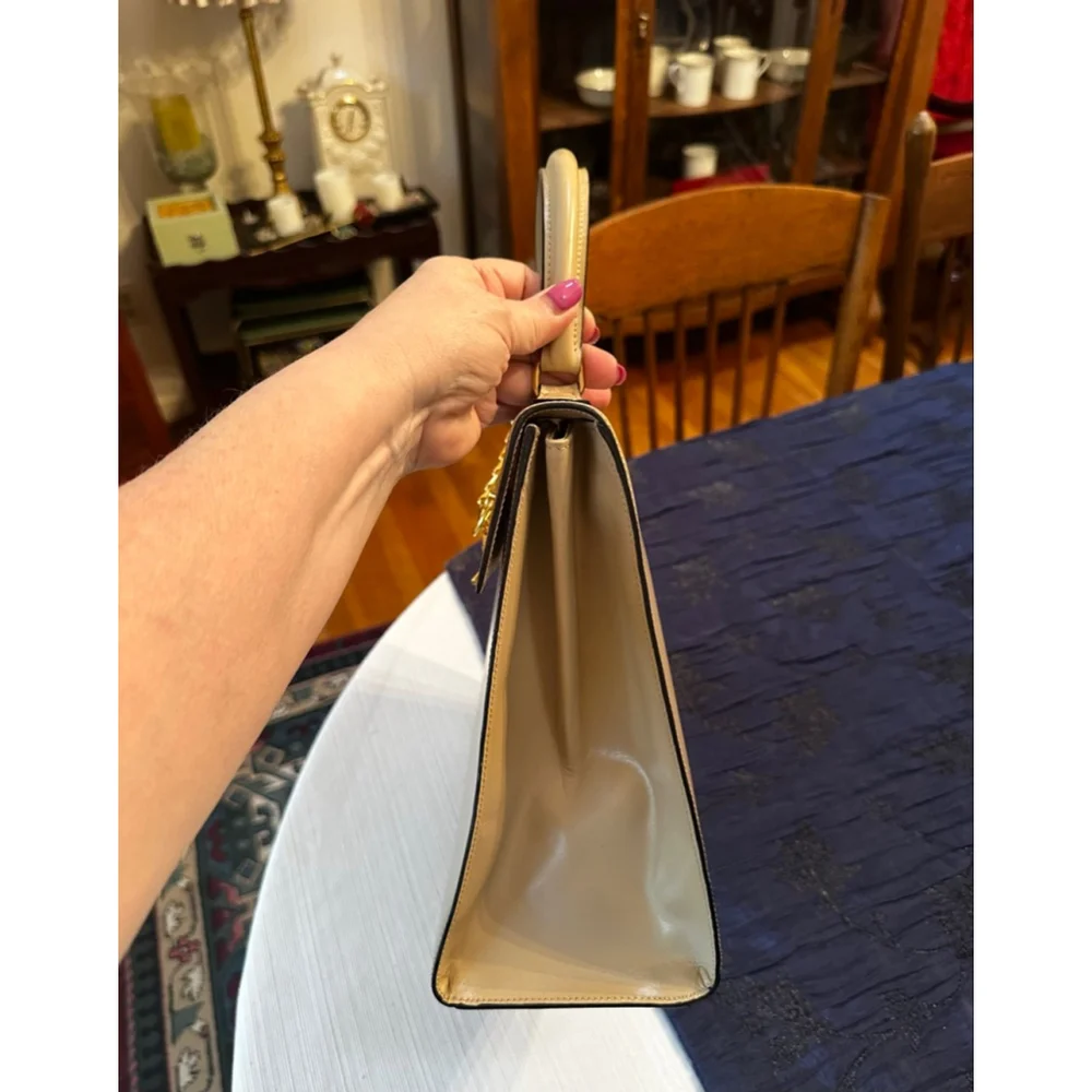 Celine Beige Leather Satchel Bag with Gold Hardware
